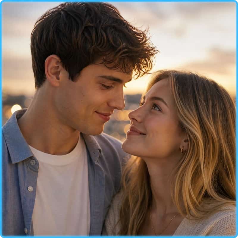Couple looking at each other on a free dating app with messaging